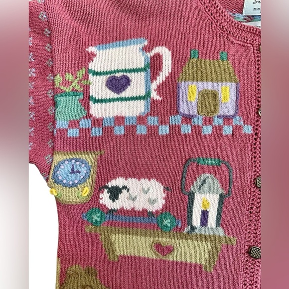 Vintage Northern Isles Home Sweet Home Embroidered Pink Cardigan Sweater Sz S - Picture 9 of 11